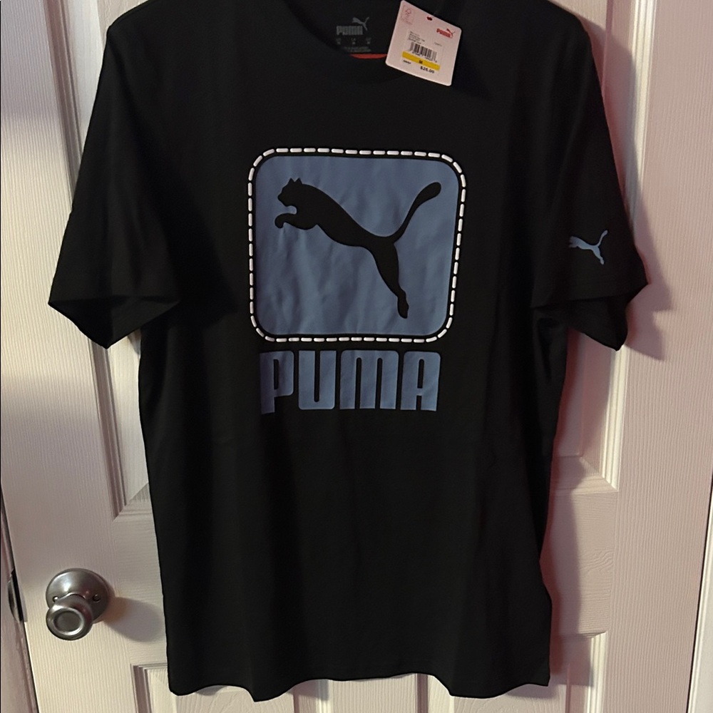 Puma Men's Black and Blue Logo Tee